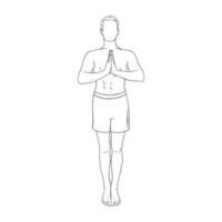 Meditating yogi man in pranamasana. Hatha yoga prayer pose. Engraved vector illustration