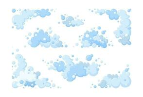 Foam made of soap or clouds. Big set of blue foam and bubbles of different shapes. Cloudy frame and corners. Vector illustration