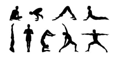 Yoga asana set. Set of men black silhouettes exercising yoga illustrations. Hand drawn sketch vector illustration