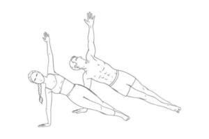 Woman and man in side plank pose. Yogi couple in vasisthasana isolated in white background. Sketch vector illustration