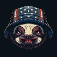 Sloth wearing bucket hat america flag vector illustration