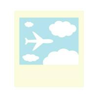 Polaroid photo of a flying plane and clouds vector