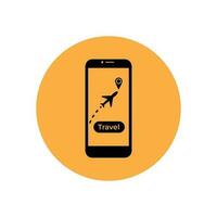 Phone icon with airplane and travel button on screen on orange background vector