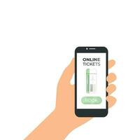 Hand holding a phone with a ticket and tickets button on the screen vector