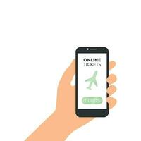 Hand holding a phone with an airplane and a booking button on the screen vector