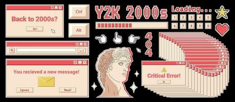 Trendy Y2K banner with retro computer windows, greek sculpture, pixel shapes and text, design elements set in 2000s aesthetic. vector