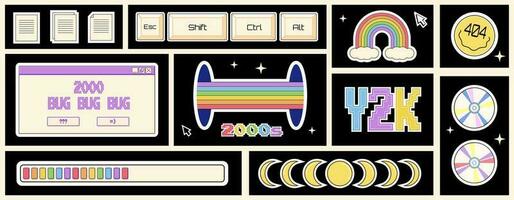 Set of different stickers, open computer windows, buttons in 2000s aesthetics, Y2K labels, decorative design elements. vector