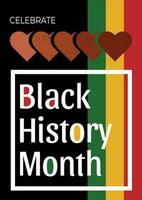 Black History Month poster with line decoration, bright colors, hearts and text on a black background. vector