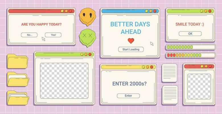 Trendy Y2K banner with retro computer window with copy space, futuristic banner in 2000s aesthetic.