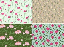 Set of seamless patterns with garden flowers. vector