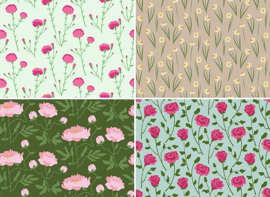 Set of seamless patterns with garden flowers.