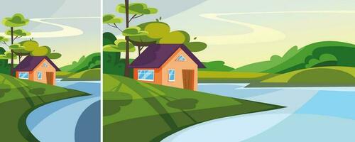 casa en el lago en verano estación. naturaleza paisaje en diferente formatos. vector