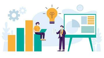 Business people are working together doing meeting, reporting data and brainstorming about marketing strategy in office on white background vector illustration concept in flat design style