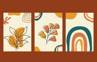 Aesthetic boho art with abstract geometric elements in a flat style. Set of posters for wall decoration vector illustration in a brown background.