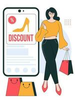 happy woman is doing online shopping in flat illustration style with red, yellow, and blue colors. Editable vector in white background.