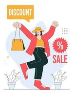 happy woman is doing online shopping in flat illustration style with red, yellow, and blue colors. Editable vector in white background.