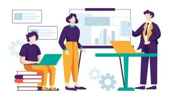 Business people are working together doing meeting, reporting data and brainstorming about marketing strategy in office on white background vector illustration concept in flat design style