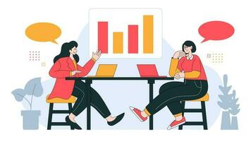 Business meeting in flat vector illustration style design related to market research, company report, teamwork and discussion in white background with geometric elements.