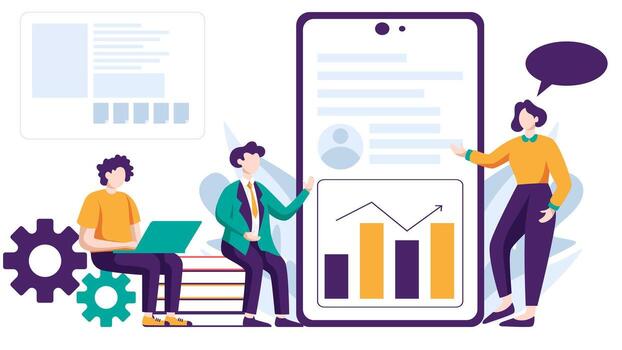 Business flat design related to meeting, presentation, brainstorming, discussion, and marketing strategy illustration concept with geometric elements on white background. vector