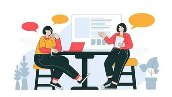 Business meeting in flat vector illustration style design related to market research, company report, teamwork and discussion in white background with geometric elements.