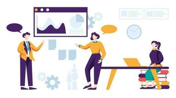 Business people are working together doing meeting, reporting data and brainstorming about marketing strategy in office on white background vector illustration concept in flat design style