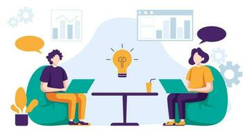 Business people are working together doing meeting, reporting data and brainstorming about marketing strategy in office on white background vector illustration concept in flat design style