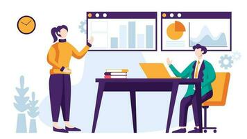 Business people are working together doing meeting, reporting data and brainstorming about marketing strategy in office on white background vector illustration concept in flat design style