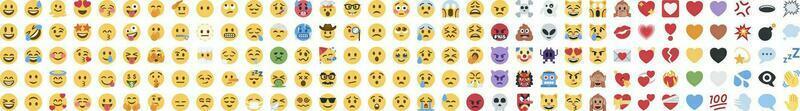 Big set of yellow emoji. Funny emoticons faces with facial expressions. On transparent background. vector