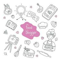 Vector set of food blogger illustrations in doodle style