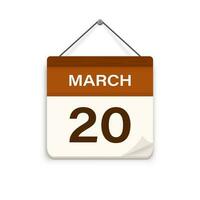 March 20, Calendar icon with shadow. Day, month. Meeting appointment time. Event schedule date. Flat vector illustration.