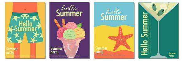 Summer. Ice cream, cocktail, beach shorts and the sea. Set of vector illustrations summer party. Abstract vector background. Perfect background for posters, hello summer, flyer, banner