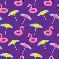 flamingo lifebuoys on swimming pool background. Editable vector illustration wallpaper for textile. Beach umbrella.