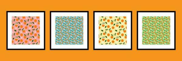Orange fruit seamless vector pattern design or illustration set. Can be used for printing on fabric, paper, clothes, wallpapers, magazine, book, card, menu cover, web pages