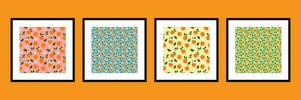 Orange fruit seamless vector pattern design or illustration set. Can be used for printing on fabric, paper, clothes, wallpapers, magazine, book, card, menu cover, web pages