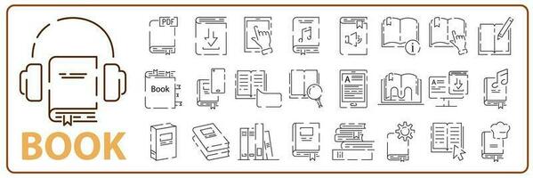 Book icon set in thin line style. Reading education Info and Help Desk Related Vector Contains Manual, Guide Reading, Info center. Editable Stroke search.