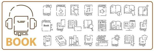 libro icono conjunto en Delgado línea estilo. leyendo educación informacion y ayuda escritorio relacionado vector contiene manual, guía lectura, informacion centro. editable carrera buscar.