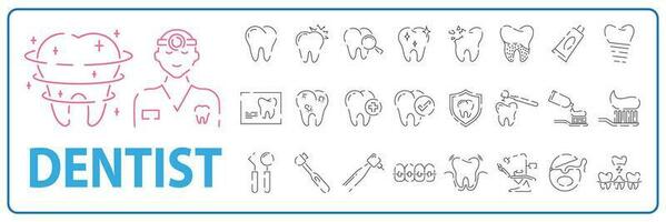 Dental tooth icons set, such as dentist, clean, protect treat, oral. Health, medicine, medical or hospital vector. vector