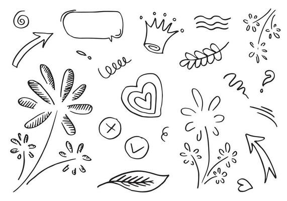 hand drawn set elements, arrow, heart, star, emphasis for concept design