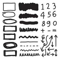 Doodle vector lines and curves.Hand drawn check and arrows signs. Set of simple doodle lines, curves, frames and spots. Collection of pencil effects. Doodle border. Simple doodle set.