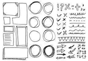 garabatear líneas vectoriales y curvas. Señales de flechas y cheques dibujados a mano. conjunto de líneas de garabatos simples, curvas, marcos y puntos. colección de efectos de lápiz. borde del garabato. conjunto de garabatos simples. vector