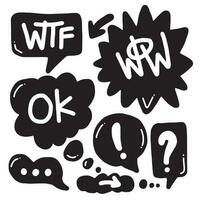 Hand drawn set of speech bubbles with handwritten short phrases ok, wow, wtf on white background. vector