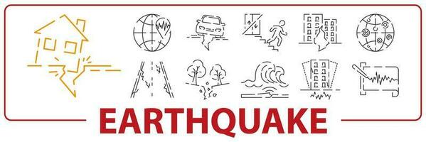 Earthquake line icons set. Pray For Turkey. Central fault line. Centerline map of affected and earthquake shaking. Earthquake degree chart and map. vector