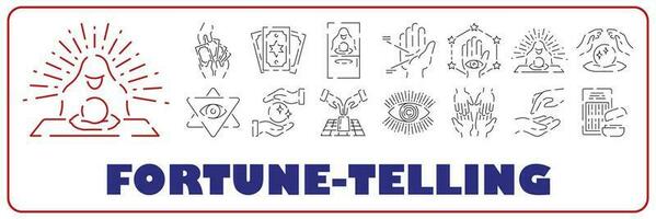 Fortune telling line icon set. Included icons as fortunes, tarot, palmistry, Chi-Chi Sticks, horoscope and more. vector