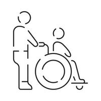 Desventaja o discapacitado Delgado línea icono. vector ilustración silla de ruedas, más viejo, minusválido, sordo y social problema contorno icono.