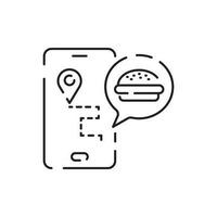 Burger icon vector isolated on white background, hamburger or fast food sign, thin symbols or lined elements in outline style. Snack, junk food and obesity.