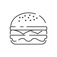 Burger icon vector isolated on white background, hamburger or fast food sign, thin symbols or lined elements in outline style. Snack, junk food and obesity.