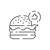 Burger icon vector isolated on white background, hamburger or fast food sign, thin symbols or lined elements in outline style. Snack, junk food and obesity.