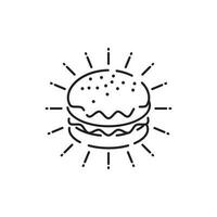 Burger icon vector isolated on white background, hamburger or fast food sign, thin symbols or lined elements in outline style. Snack, junk food and obesity illustration.