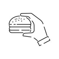 Burger icon vector isolated on white background, hamburger or fast food sign, thin symbols or lined elements in outline style. Snack, junk food and obesity illustration.