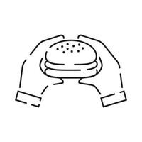 Burger icon vector isolated on white background, hamburger or fast food sign, thin symbols or lined elements in outline style. Snack, junk food and obesity illustration.